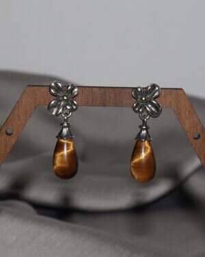 Ann King Sterling Silver & 18k Yellow Gold Tiger Eye Earrings 5.8G / 1.1In